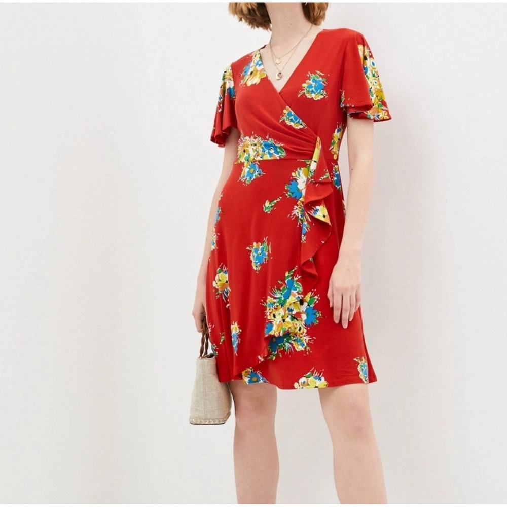 Ralph Lauren Black Label Women's Faux Wrap‎ Floral Knee Length Dress Red Ponte 2 - Picture 7 of 10